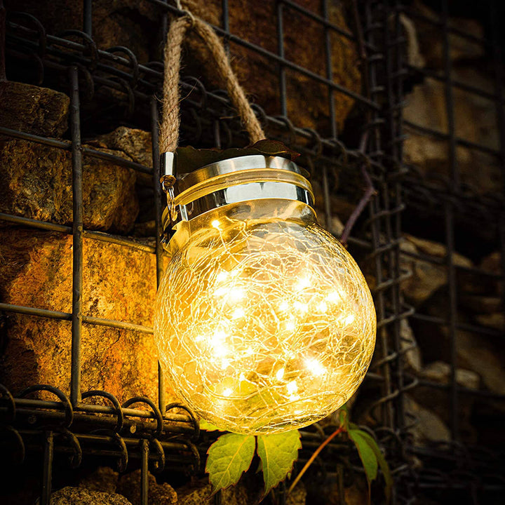Solar Lantern Outdoor Hanging 20 led Jar Light Waterproof Crack Glass Globe Garden Light